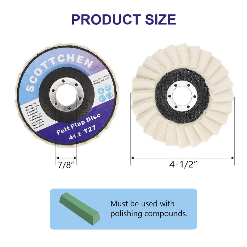 SCOTTCHEN Felt Flap Disc 4-1/2" x 7/8" Arbor for Angle Grinder (5 Pack) - High Density Wool Buffing Polishing Wheel for Metal, Aluminum, Stainless Steel & Stone Polishing - Mirror Finish - Image 2
